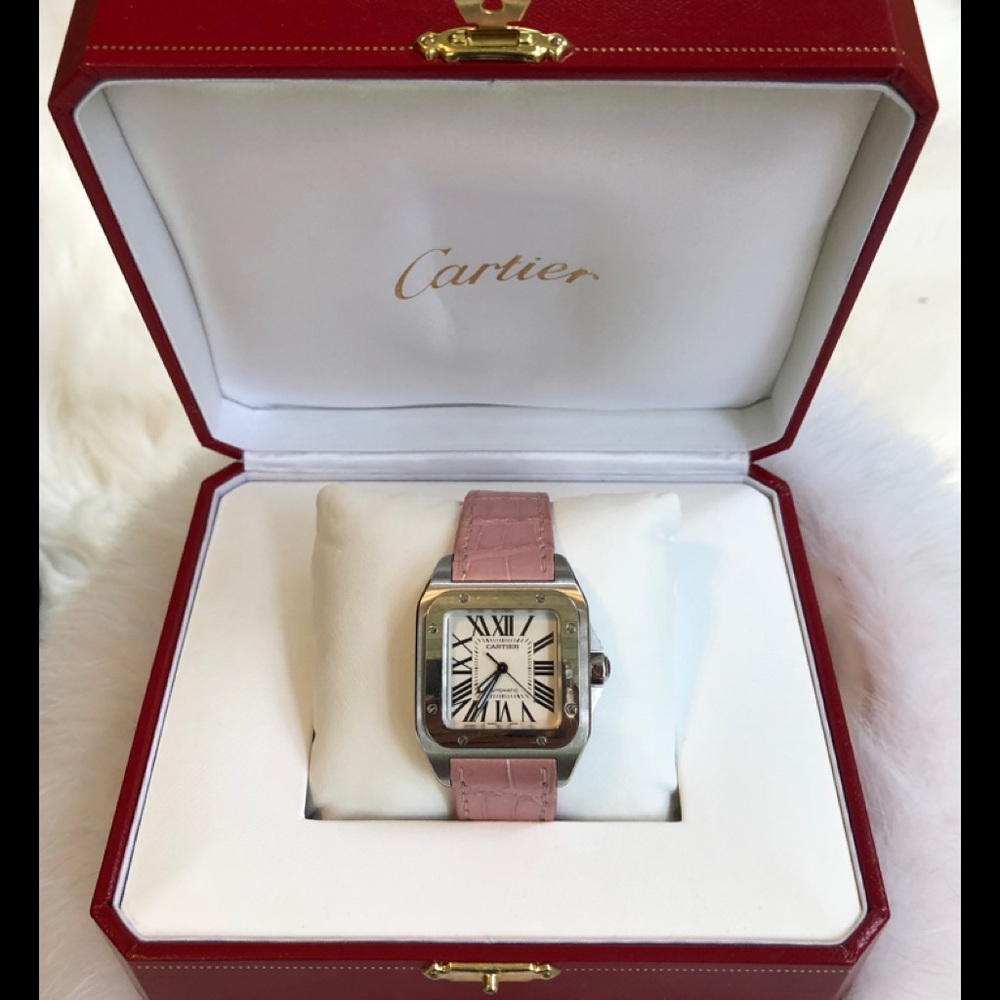 Silver face, light pink leather band CARTIER watch